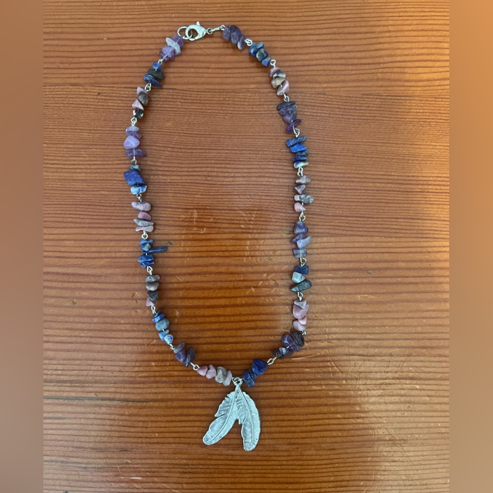 Silver Feather Pendant Necklace with Purple Amethyst Stones
